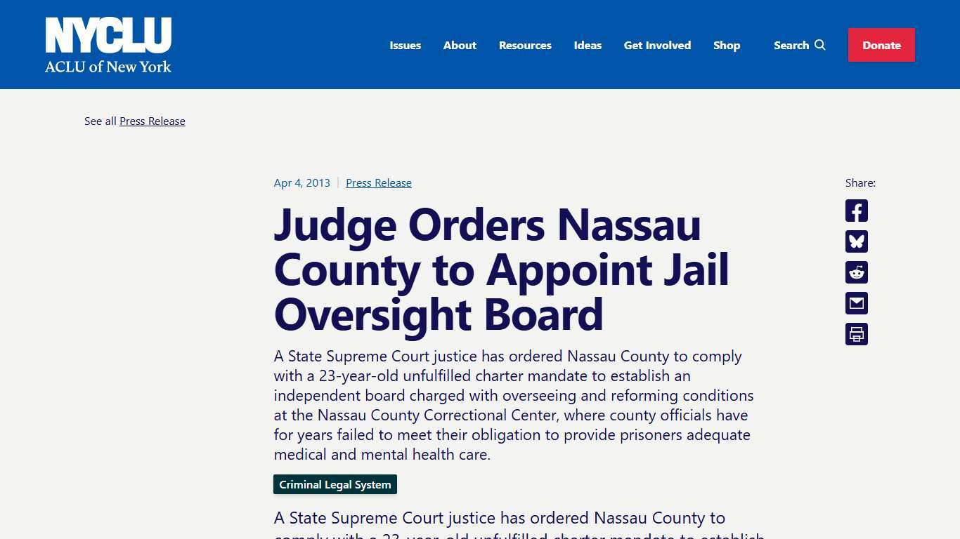 Judge Orders Nassau County to Appoint Jail Oversight Board - NYCLU